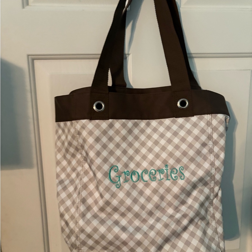 Brown and White Checkered Tote Bag- embroidered with Groceries in aqua